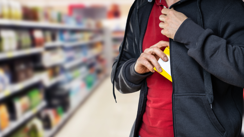 Retail Shoplifting. Man Stealing In Supermarket. Theft At Shop
