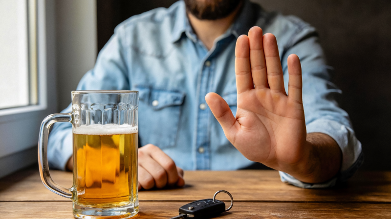 A man in a denim shirt makes a stop gesture with his hand to refuse a glass of beer, with car keys placed on the wooden table in front of him.