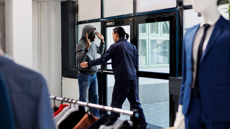 Asian worker catch thief at store door in shopping centre, employee asking robber to give back the stolen clothes. African american man stealing fashionable merchandise and accessories in boutique