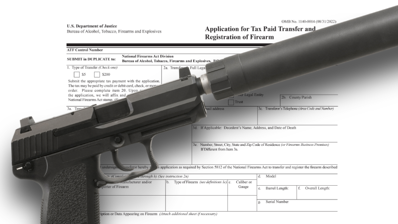 Supressor on a semi auto pistol on an ATF public domain form to own it with drop shadow