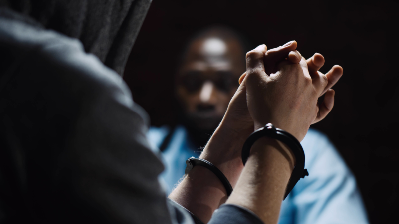 Police officer interrogating criminal in handcuffs at desk indoors. Back view of arrested man in cuffs talking to african detective in police department office