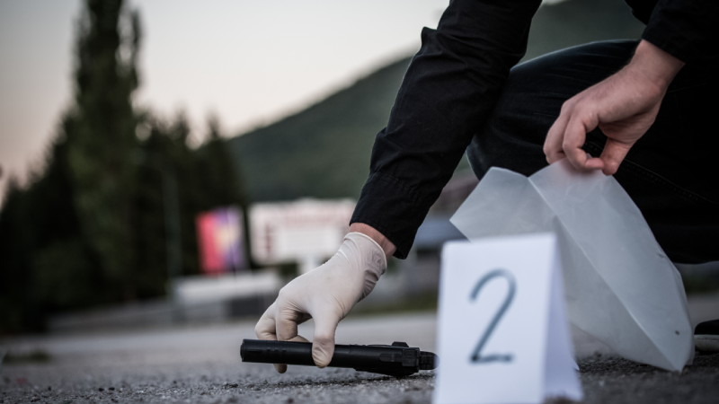 The crime scene, murder, investigation, police find rejected the gun used by the murderer, taken as evidence of the murder, an expert with rubber gloves and takes go in the bag as evidence